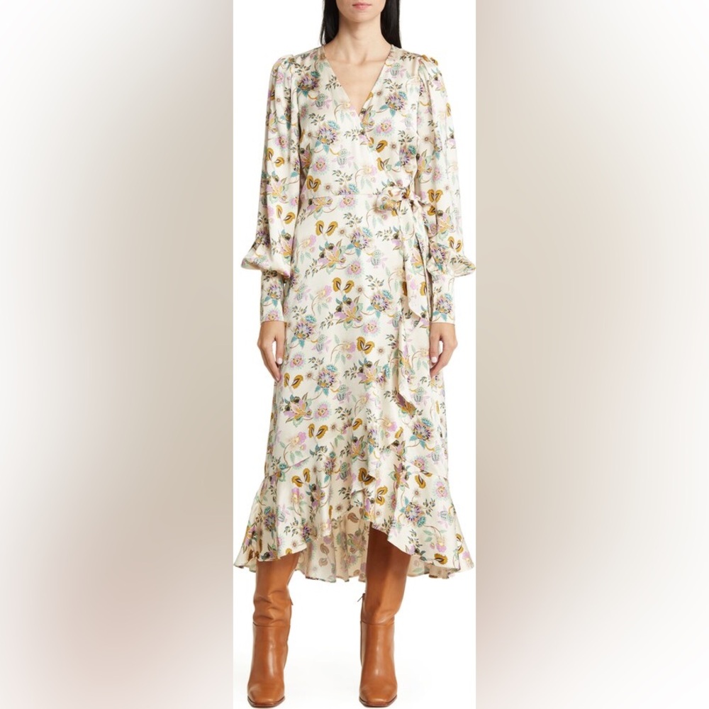 & Other Stories Paisley Ruffle Satin Wrap Dress Long Sleeve Midi US 10